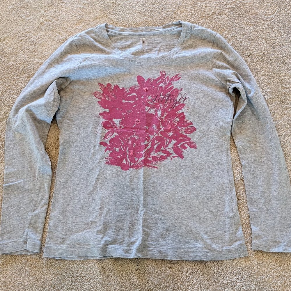 Sequined Floral Graphic Pink and Grey Tommy Hilfiger Tee Size L